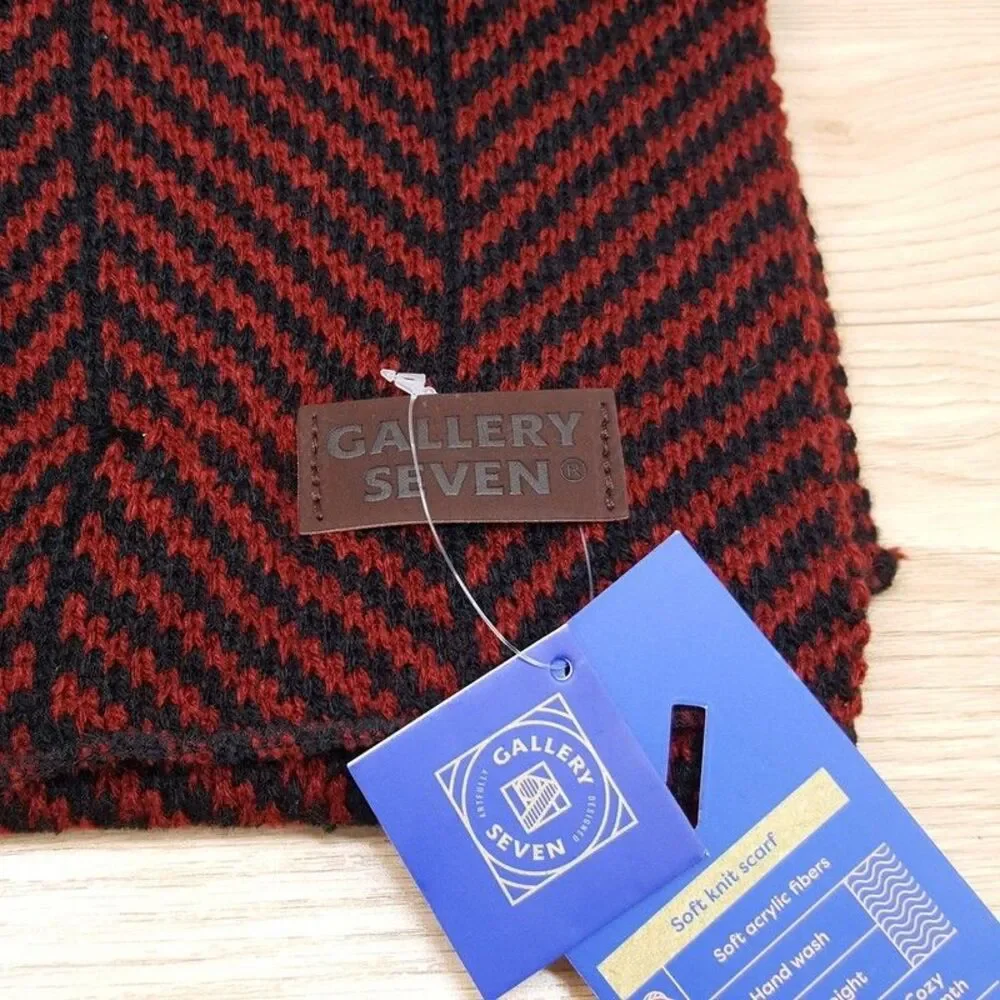 GALLERY SEVEN Scarf Red Black Herringbone Soft Knit Rectangle Unisex 68x12